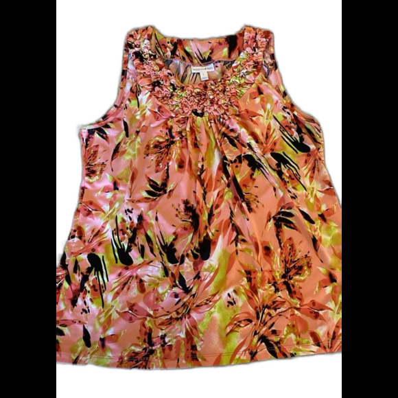 Fashion Bug Blouse Large Sleeveless Pink Orange Floral Rounded Neck + Stretch - Picture 1 of 10